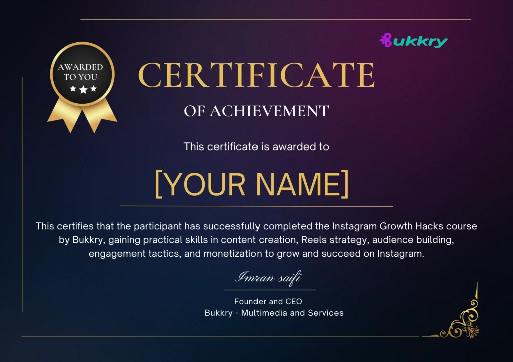 Instagram Growth Hacks Course Certificate by Bukkry