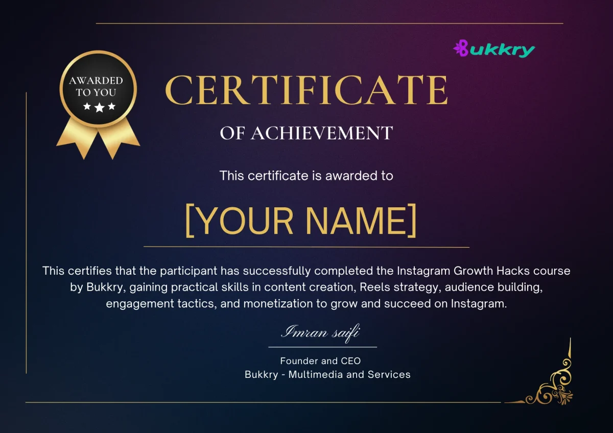 Instagram Growth Hacks Course Certificate by Bukkry